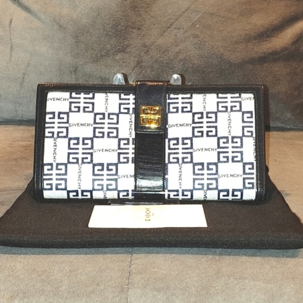 NWOT VINTAGE GIVENCHY NAVY BLUE MONOGRAM BI-FOLD SNAP LONG WALLET WITH DUSTBAG - Picture 3 of 14
